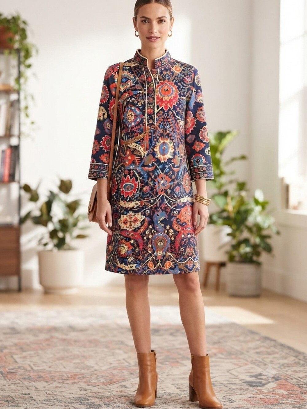 Gretchen Scott Patterned Multicolor Jersey Dress 1/4 Button Up Sz M Like New